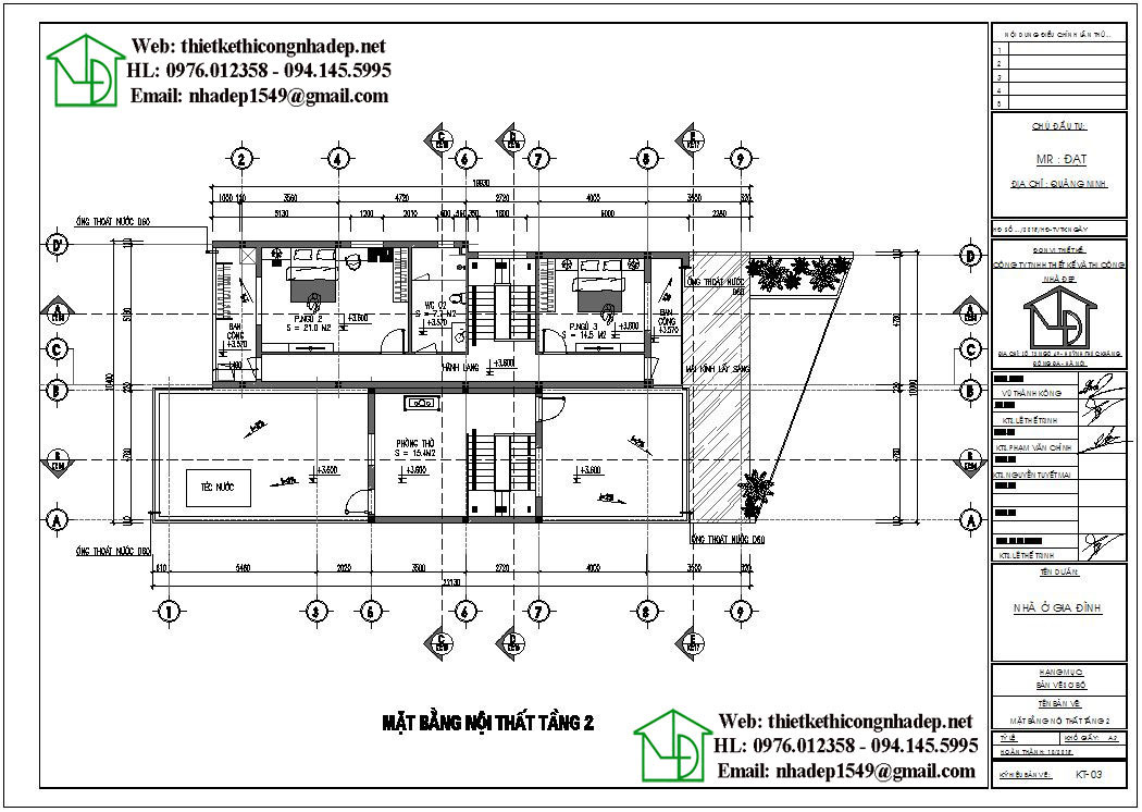 Mặt bằng tầng 2 biệt thự phố 2 tầng đẹp NDBT2T55