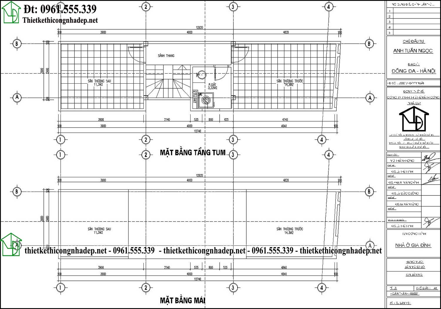 Mặt bằng tầng 5 và tầng mái thiết kế nhà phố khung thép 5 tầng 3x12m