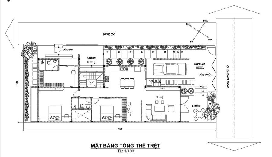 Mặt bằng tầng trệt nhà 2 tầng có gara hiện đại