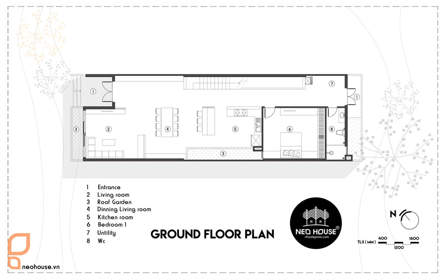 Mặt bằng tầng trệt nhà đẹp 2 tầng ngang 7m dài 20m độc đáo