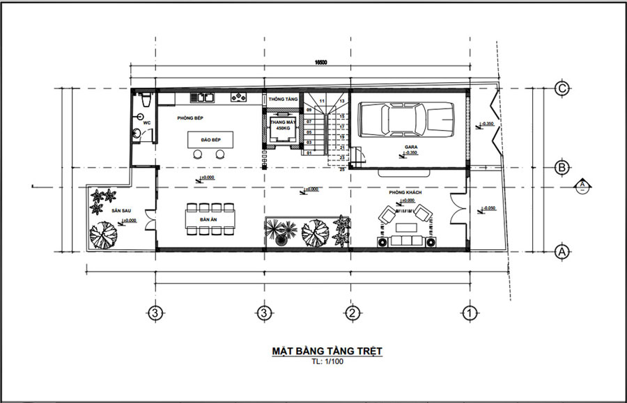 Mặt bằng tầng trệt nhà đẹp 3 tầng 1 tum 7x15m 4 phòng ngủ 1 phòng thờ