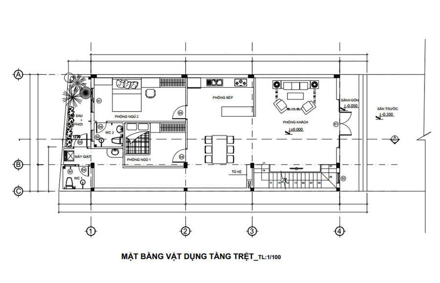 Mặt bằng tầng trệt mẫu thiết kế nhà 3 tầng đẹp mặt tiền 7m 4 phòng ngủ