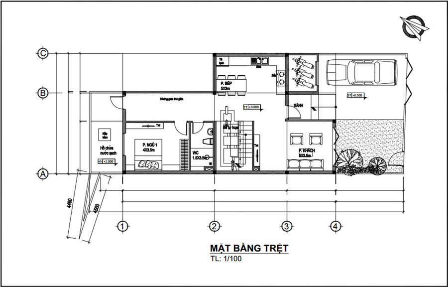 Mặt bằng tầng trệt nhà ống đẹp 3 tầng mặt tiền 7m 4 phòng ngủ