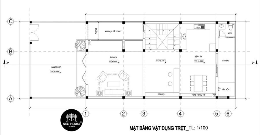 Mặt bằng công năng tầng trệt nhà đẹp 3 tầng 1 tum mặt tiền 7m mái lệch