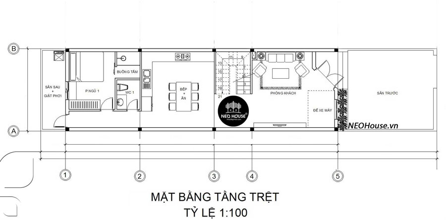 Mặt bằng tầng trệt nhà phố 2 tầng 80m2 có sân thượng