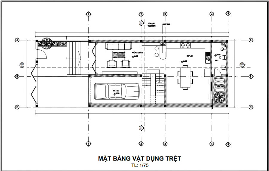 Mặt bằng tầng trệt nhà ống 3 tầng mặt tiền 7m có gara