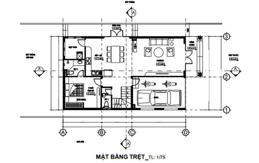 Mặt bằng tầng trệt thiết kế thi công nhà 2 tầng có gara