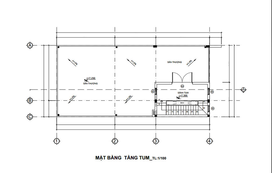 Mặt bằng tầng tum mẫu thiết kế nhà 3 tầng đẹp mặt tiền 7m 4 phòng ngủ