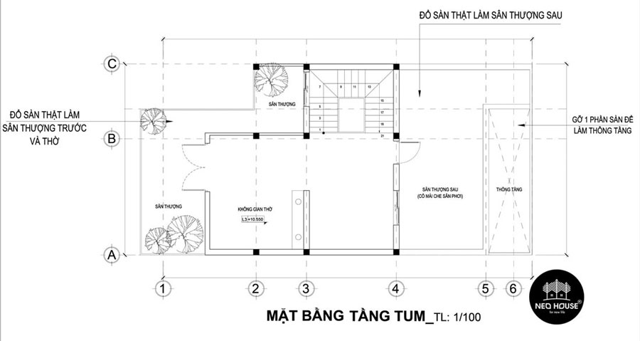 Mặt bằng công năng tầng tum nhà đẹp 3 tầng 1 tum mặt tiền 7m mái lệch