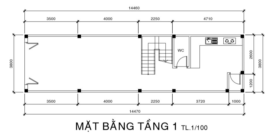 Tính diện tích xây dựng mặt bằng tầng trệt.