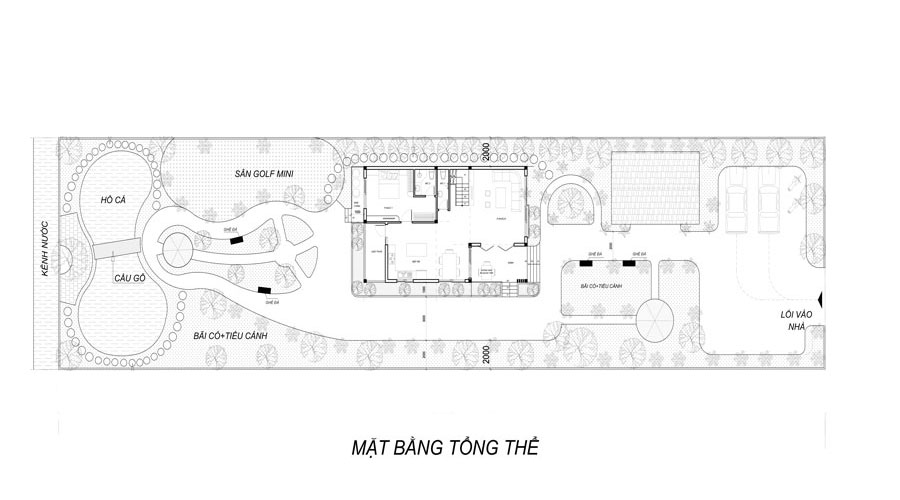 Mặt bằng tổng thể nhà vườn 2 tầng có gara hiện đại