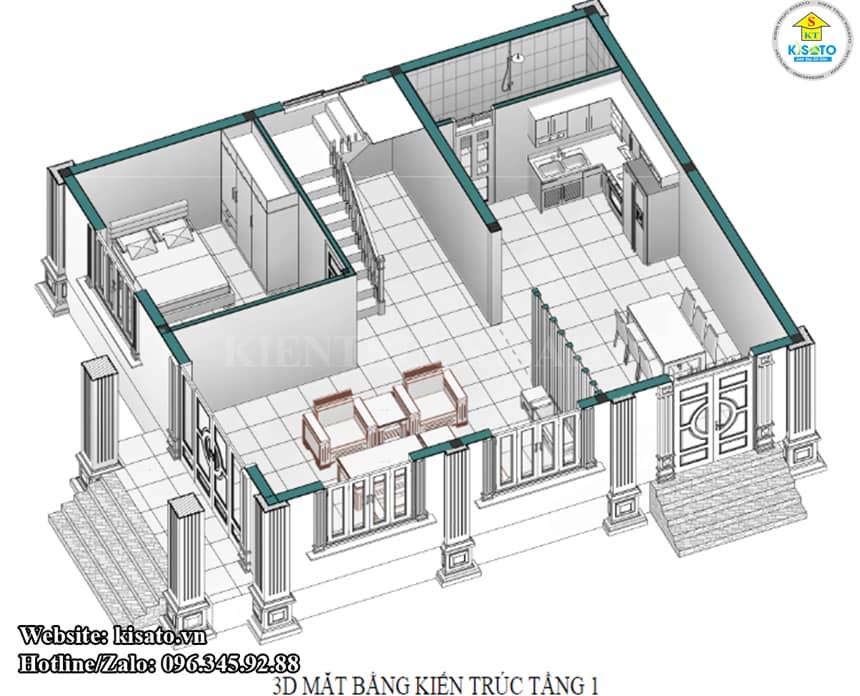 Mặt bằng công năng 3D mẫu biệt thự tân cổ điển mái Thái