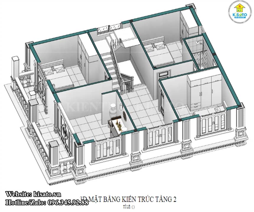 Mặt bằng công năng 3D mẫu biệt thự tân cổ điển mái Thái