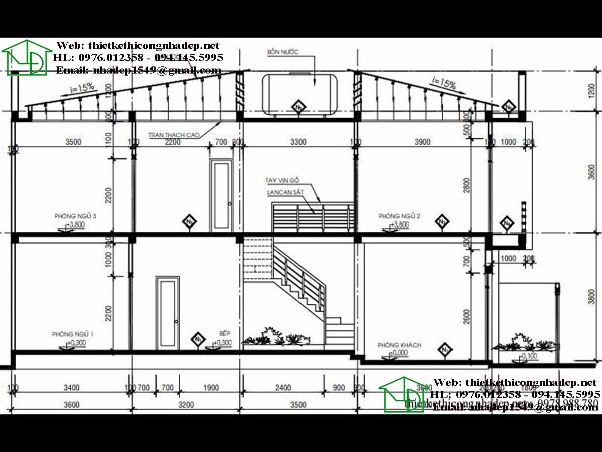 Mặt cắt nhà phố 2 tầng 5x16m.