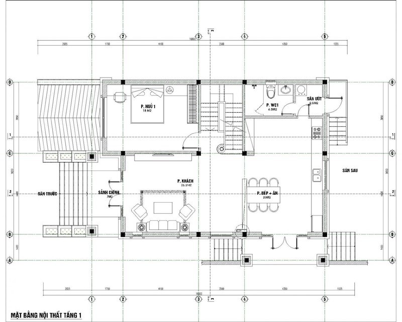 Bản vẽ mẫu nhà 2 tầng nông thôn 800 triệu tầng 1