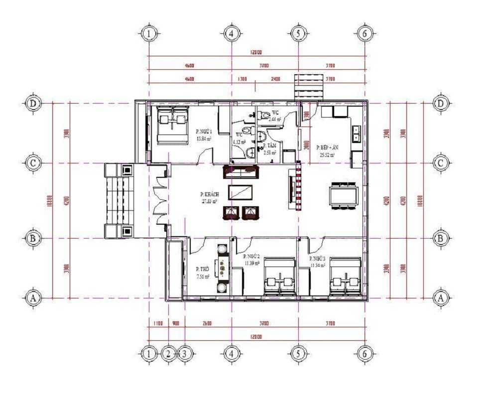 Mặt bằng công năng mẫu nhà cấp 4 đẹp 3 phòng ngủ