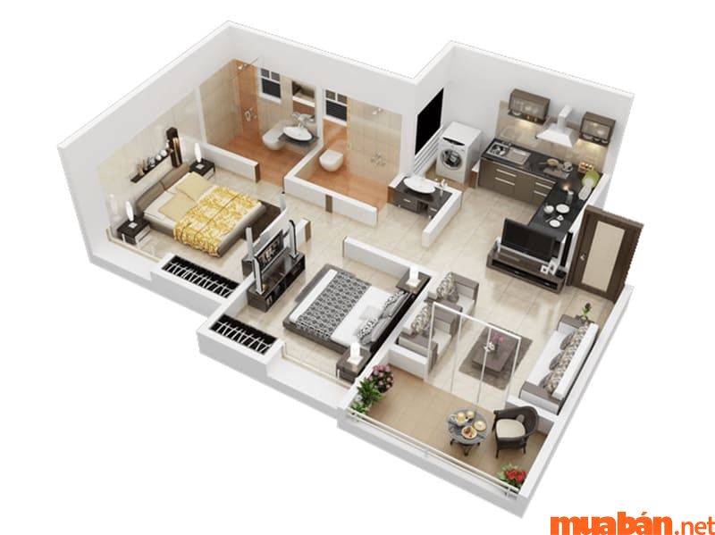 Mẫu nhà cấp 4 70m2 có 2 phòng ngủ