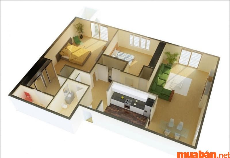 Mẫu nhà cấp 4 70m2 có 2 phòng ngủ