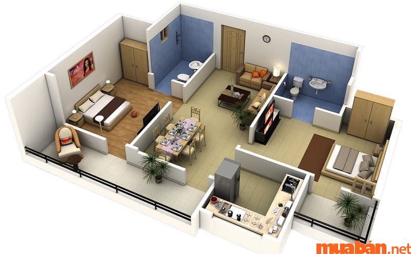 Mẫu nhà cấp 4 70m2 có 2 phòng ngủ