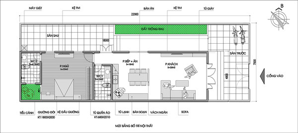 Bản vẽ bố trí công năng của mẫu nhà ngang đơn giản, giá rẻ