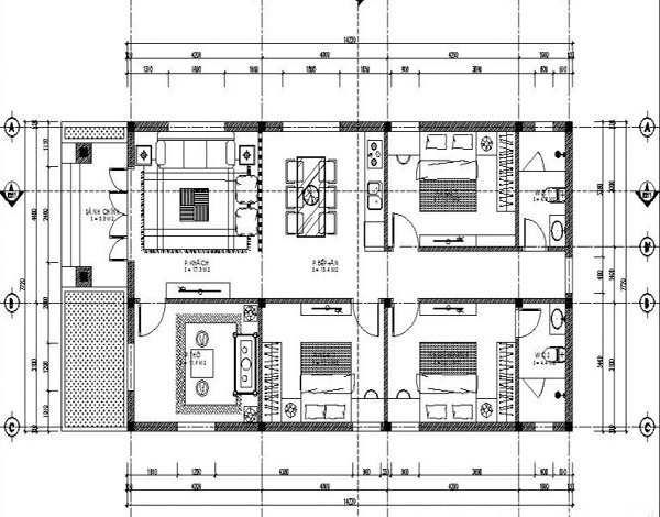 Bản vẽ chi tiết phân chia phòng ngủ trong kiểu nhà cấp 4 hiện đại, đơn giản