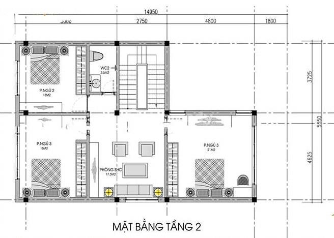 Mặt bằng biệt thự nhà chữ l 2 tầng 80m2 đẹp