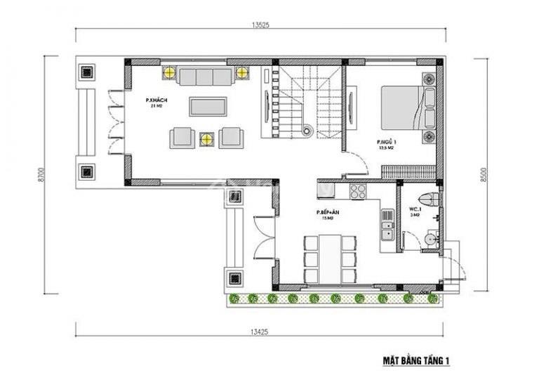 Mặt bằng biệt thự chữ L 2 tầng 80m2 tầng 1