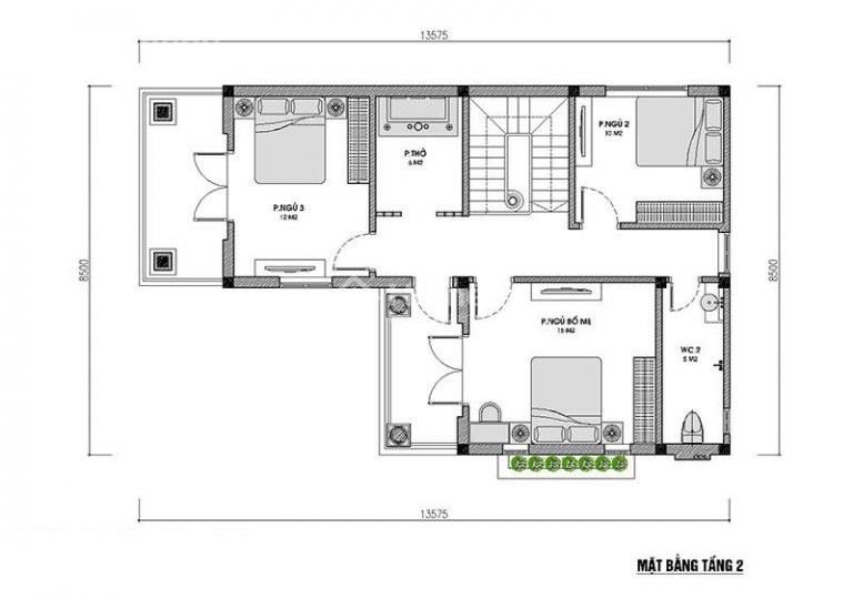 Mặt bằng biệt thự chữ L 2 tầng 80m2 tầng 1