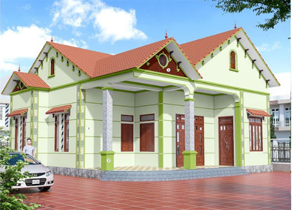 Tường nhà màu xanh lá mạ kết hợp với mái ngói màu đỏ