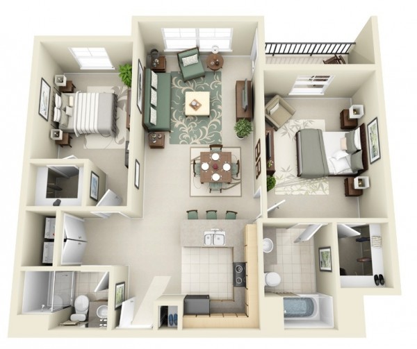 Mẫu thiết kế căn hộ 2 phòng ngủ 25