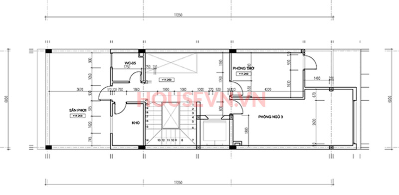 bản vẽ mặt bằng tầng 4 của nhà ống mặt tiền 6m