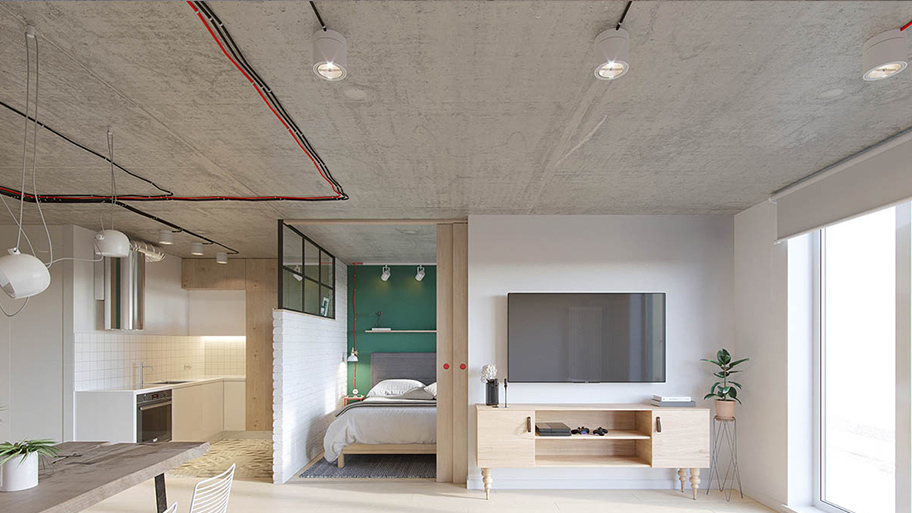 Kết hợp sử dụng hệ thống đèn sẽ giúp trần nhà bê tông đẹp hơn