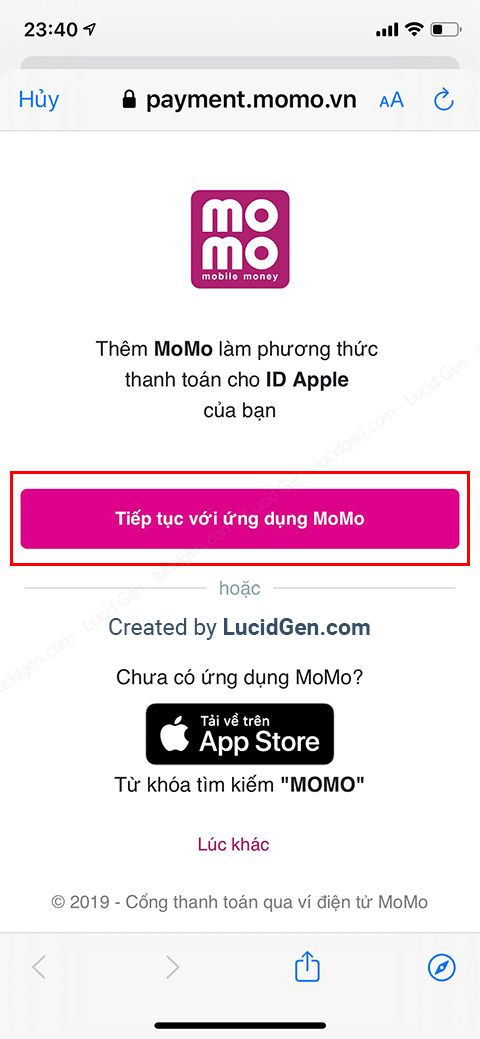 Chọn Tiếp tục với ứng dụng MoMo (thanh toán trên AppStore bằng MoMo)