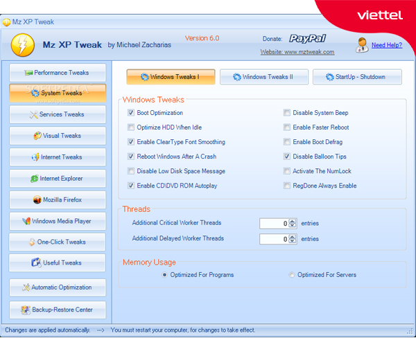 MZ XP Tweak phần mềm tăng tốc độ mạng cho Window XP.