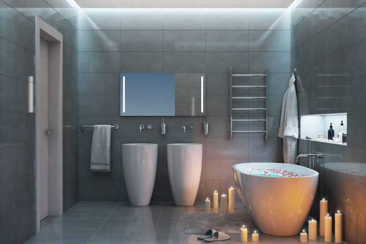 Nhà vệ sinh hiện đại đơn giản với lavabo và bồn tắm sứ thiết kế mới