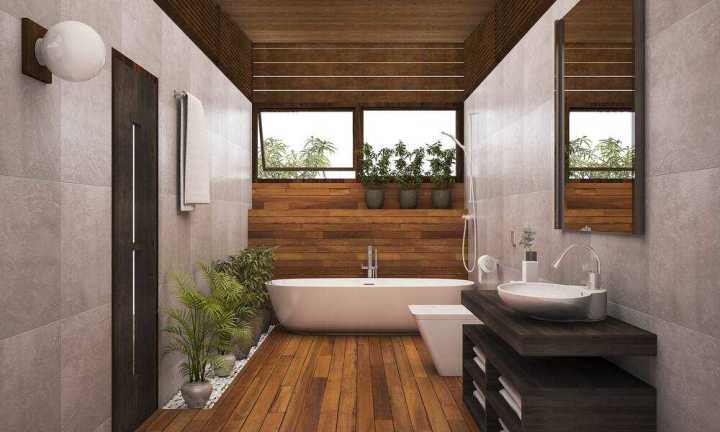 Nhà vệ sinh hiện đại sang trọng với gạch sàn nhà hoa văn vân gỗ