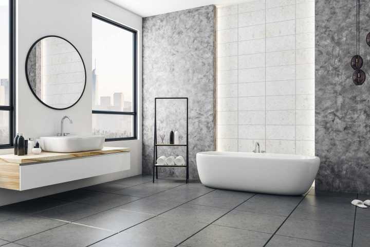 Nhà vệ sinh phong cách hiện đại sang trọng mới nhất với kính tròn, bồn tắm, và tủ lavabo cao cấp