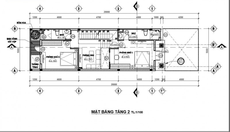 Bản vẽ tầng 2 của nhà 1 trệt 1 tầng 5x20