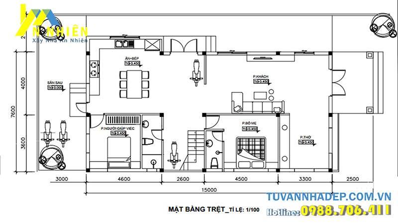 mặt bằng tầng 1 nhà 2 tầng 114m2