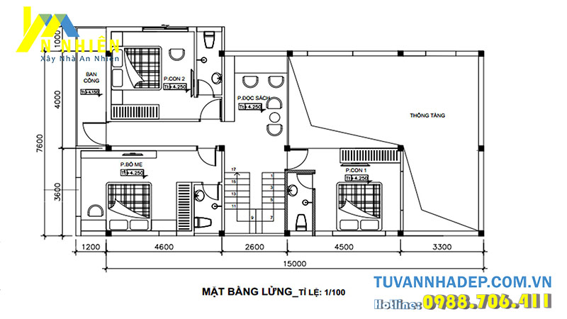 mặt bằng tầng 2 biệt thự 2 tầng 114m2