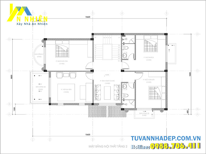 mặt bằng tầng 2 biệt thự 2 tầng 88m2