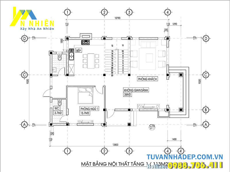 mặt bằng tầng 1 biệt thự 2 tầng mặt tiền 9m