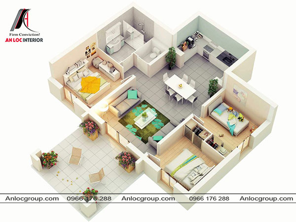 Mẫu 78 - Từ phòng khách nhà cấp 4 có lối thông ra hiên nhà nơi bố trí hai ghế ngồi ngắm cảnh. 3 phòng ngủ được bố trí gọn gàng 2 bên phòng khách.