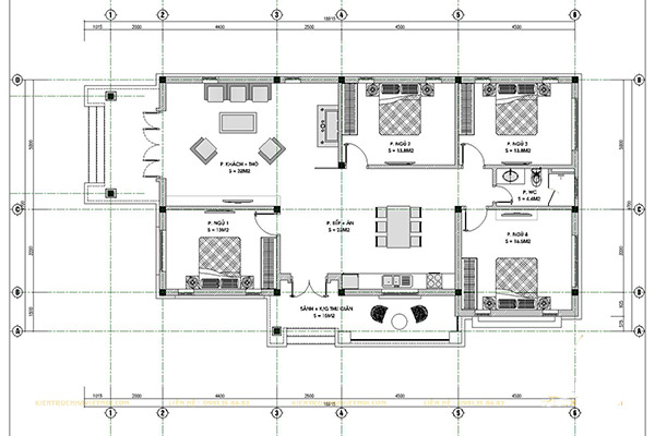 Bản vẽ nhà cấp 4 với kết cấu 4 phòng ngủ nhìn góc thẳng