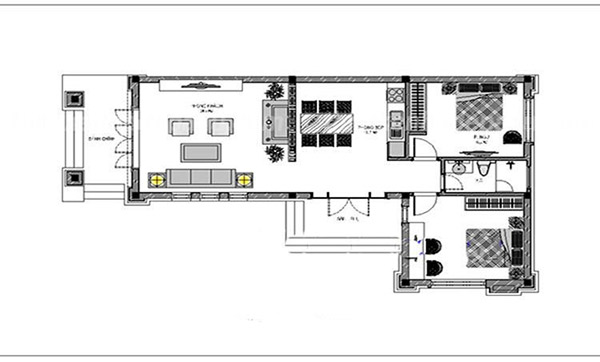 Bản vẽ nhà cấp 4 chữ L đơn giản nhưng đầy đủ tiện nghi