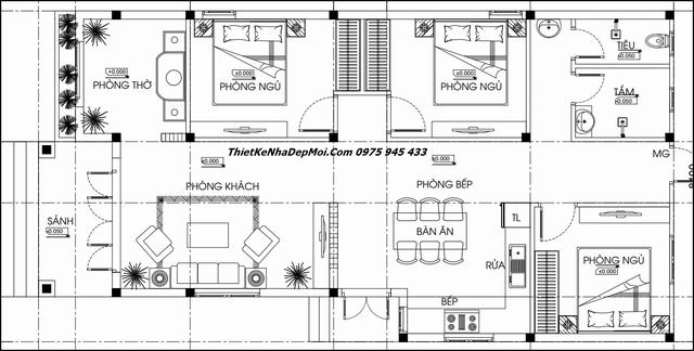 Bản vẽ nhà mái lệch hình chữ L 3 phòng ngủ