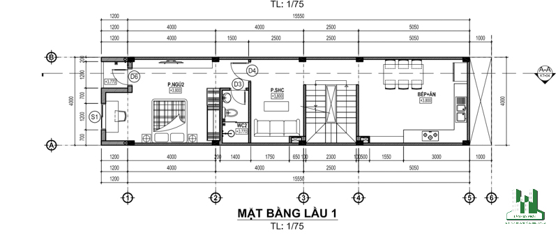 Chi tiết mặt bằng lầu 1 nhà 4 tầng hiện đại