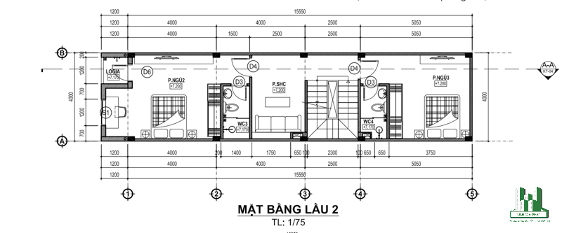 Chi tiết mặt bằng lầu 2 nhà 4 tầng hiện đại