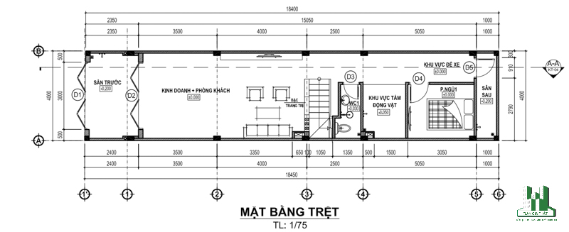 Chi tiết mặt bằng tầng trệt nhà 4 tầng hiện đại