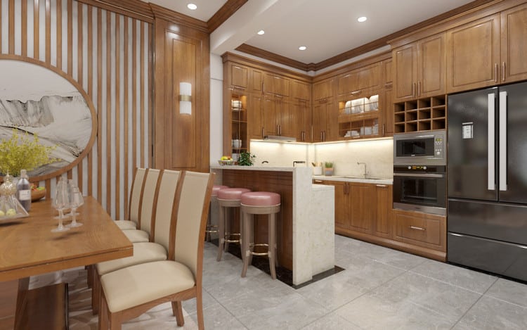 thiết kế nội thất phòng bếp hiện đại cho nhà ống